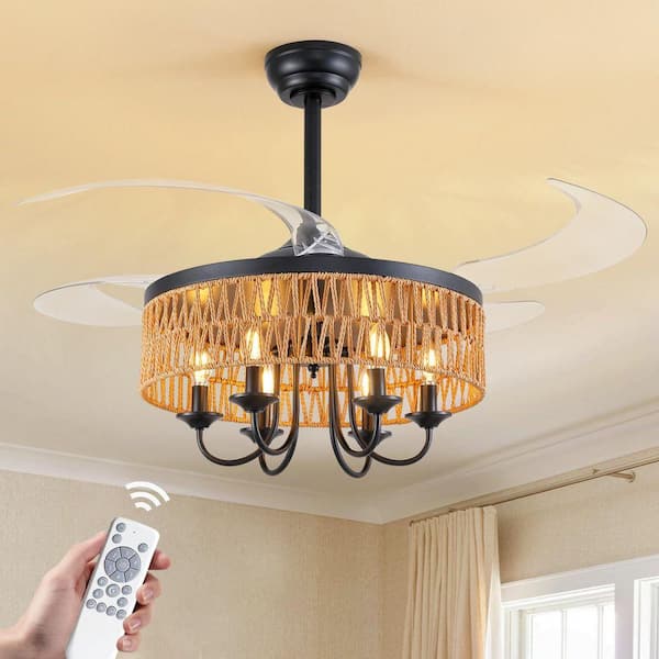 48 in. Indoor Downrod Mount Boho Black Paper Rope Retractable Drum Fandelier Ceiling Fan with Remote No Bulb Included
