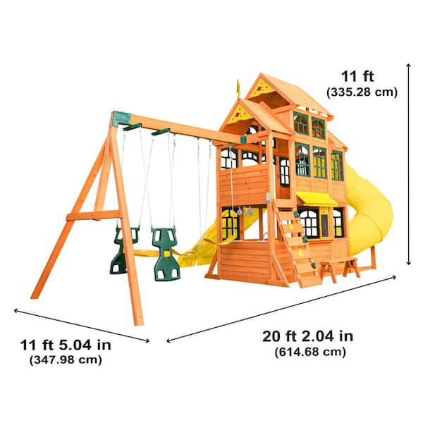 DIY Atlas Point Wooden Outdoor Playground Set with Slides, Rock Wall, Cafe, Play Kitchen, Swing Set, and Accessories