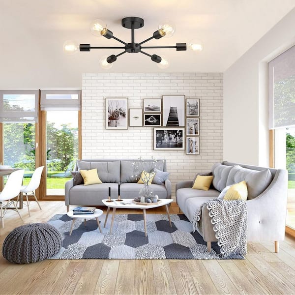 21.4 in. Round Matte Black Flush Mount Ceiling Light with 6 E26 Base for Living Room, Dining Room (Bulb Not Included)