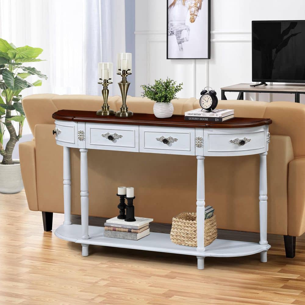 Ernestine 52 in. Antique White and Brown Half-Moon Wood Console Table with Shelf and 2 Drawers