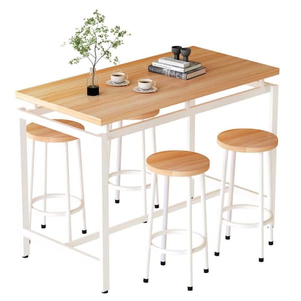 mieres 5-Piece Industrial Beige Rectangle Wood Top Dining Set, Home Kitchen Counter Height Dining Set