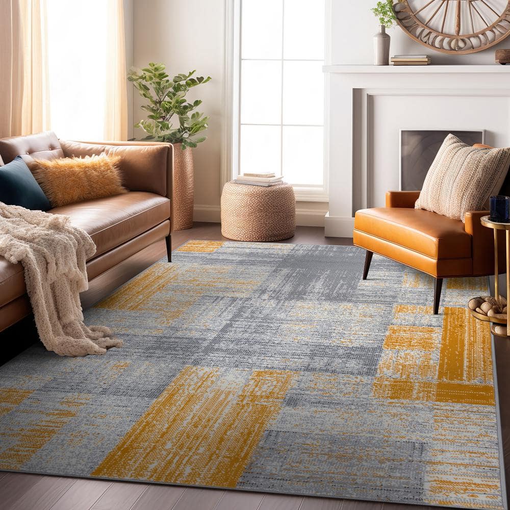 Yellow and Gray Geometric Distressed Area Rug 5' x 7'