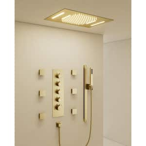 Thermostatic 15-Spray 23x15 in. Ceiling Mount LED Mood Lighting Fixed and Handheld Shower Head in Brushed Gold