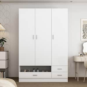 White Wood 47.2 in. W 3-Door Bedroom Armoire Wardrobe Closet Cabinet with Hanging Rod, Drawers, Shoe Rack