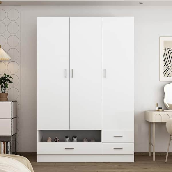 FUFU&GAGA White Wood 47.2 in. W 3-Door Bedroom Armoire Wardrobe Closet Cabinet with Hanging Rod, Drawers, Shoe Rack