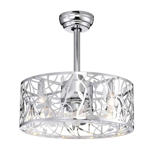 PUDO 18.03 in. Vintage Chrome Indoor Fandelier Ceiling Fan Lighting with Cage Lampshade and Angled Ceiling