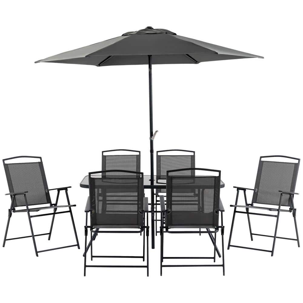 Black 8-Piece Metal Outdoor Dining Set with Table Umbrella, 6 Folding Chair