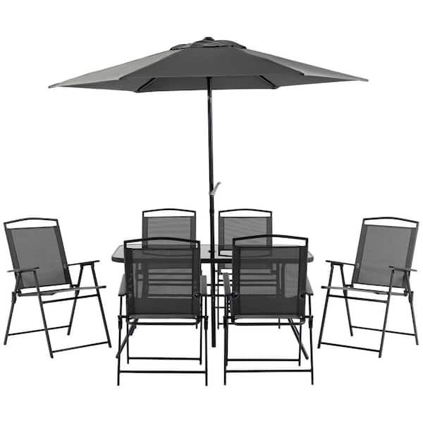 Unbranded Black 8-Piece Metal Outdoor Dining Set with Table Umbrella, 6 Folding Chairs and Rectangle Dining Table Set for Patio