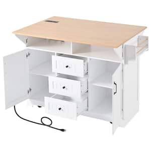 White MDF Kitchen Cart with Drop Leaf, Wheels, Power Outlet, Spice and Towel Rack,-Drawers