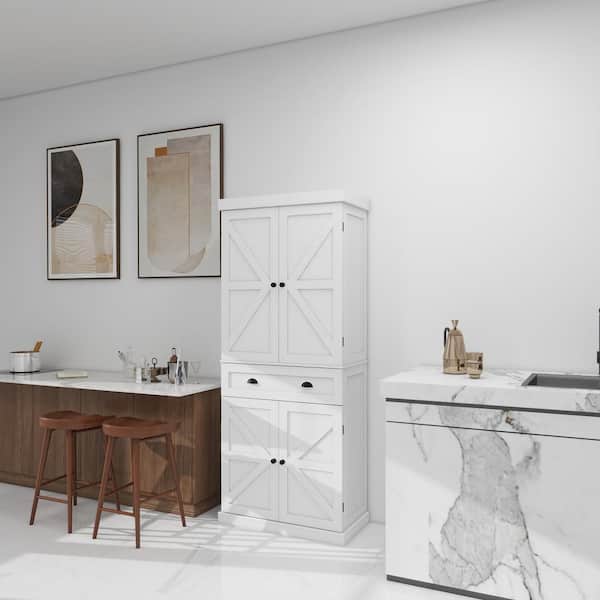 FUNKOL 29.92inx15.75nx71.65in White Mi-character MDF Kitchen Cabinet with 4 Doors, 1 Drawer and 2 Adjustable Shelves