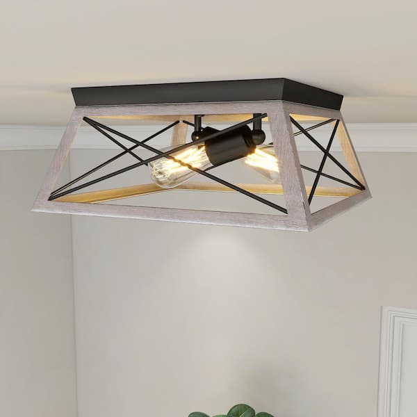 12 in. Light Gray Farmhouse Ceiling Light Fixture，Metal Flush Mount Light