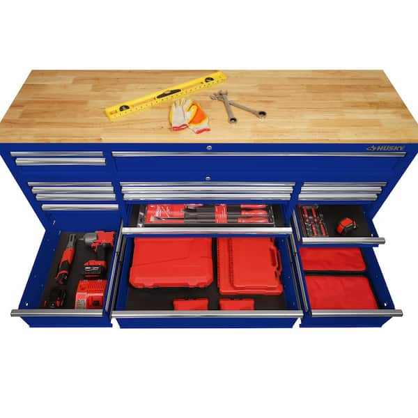 72 in. 18-Drawer Mobile Workbench with Solid Wood Top in Gloss Blue 72 in. 18-Drawer Mobile Workbench with Solid Wood Top in Gloss Blue