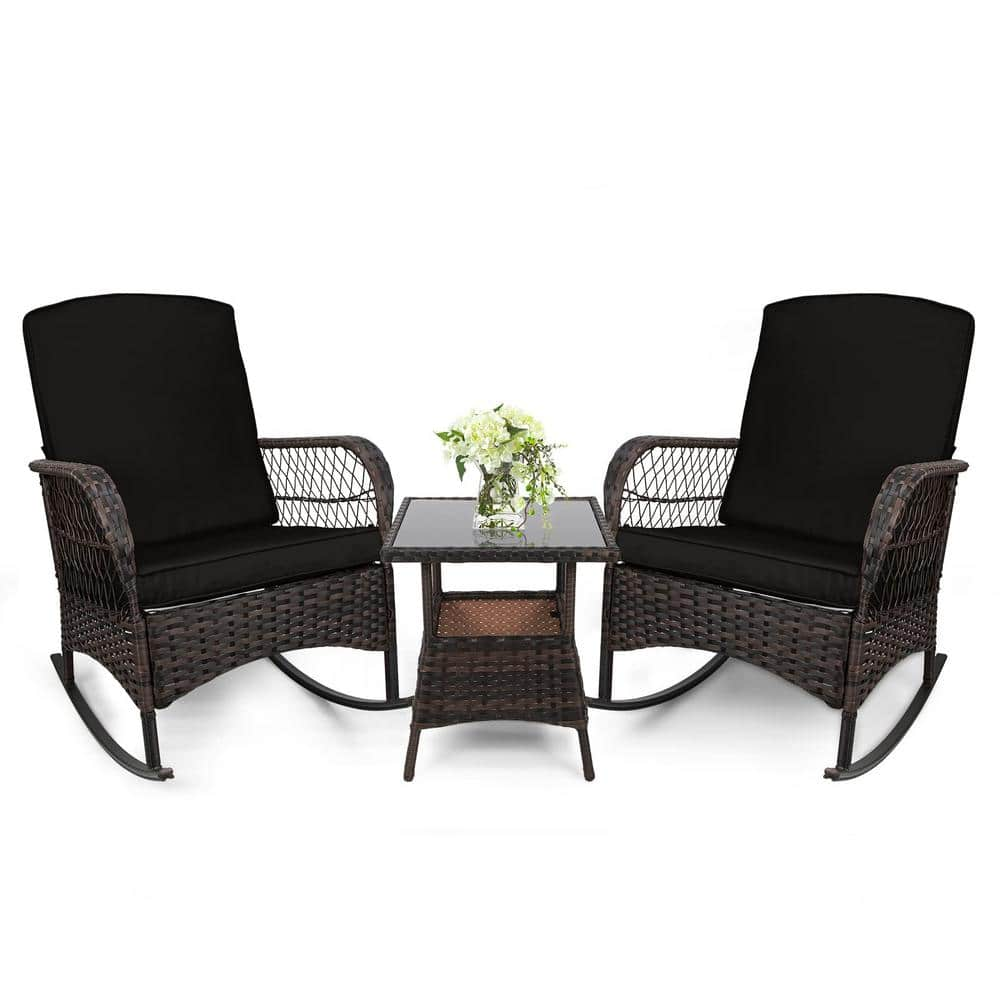 3-Piece Outdoor Wicker Rocking Bistro Set Conversation Chairs PE Rocking Chairs Set with Black -  LeveLeve, 3new-black3