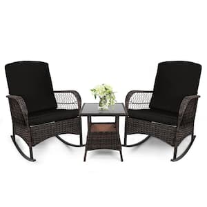 3-Piece Outdoor Wicker Rocking Bistro Set Conversation Chairs PE Rocking Chairs Set with Black