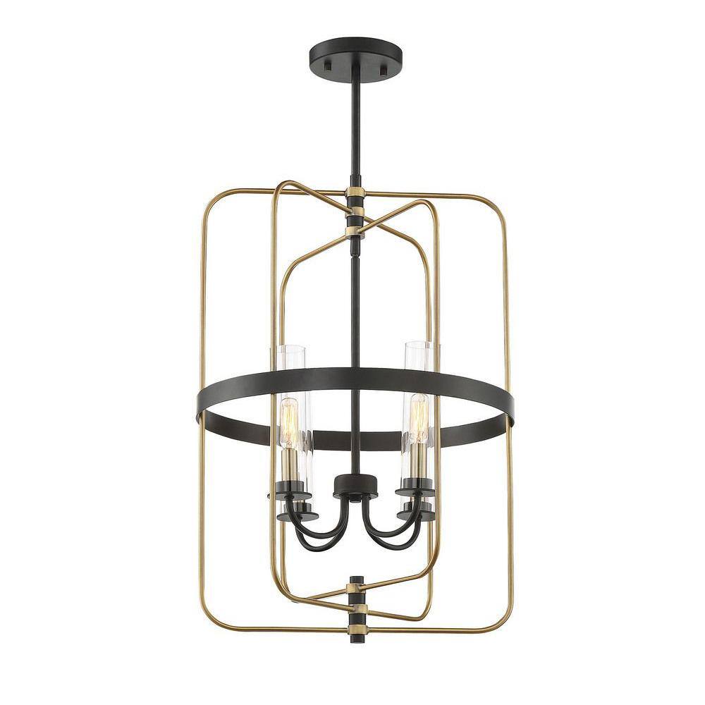 Vintage Black and Warm Brass 4-Light Foyer Chandelier with Clear Glass