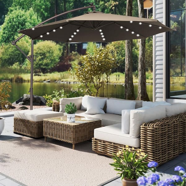 11 ft. Steel Pole Solar LED Offset Hanging Patio Umbrella with in 360° Rotation and Easy Crank in Tan