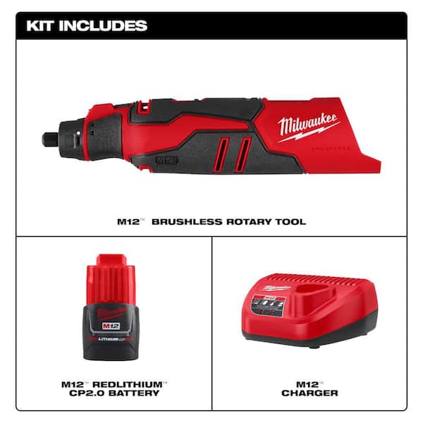 M12 12V Lithium-Ion Cordless Brushless Rotary Tool with 2. 0Ah Battery and Charger Starter Kit