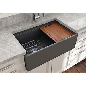 Step-Rim Matte Dark Gray Fireclay 30 in. Single Bowl Farmhouse Apron Front Workstation Kitchen Sink w/ Accessories