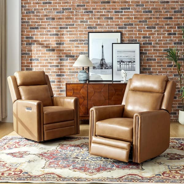 Lucio Camel Genuine Leather Power Recliner with 1-Touch Reset (Set of 2)