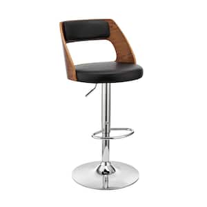 Paulo 44 in. Adjustable Swivel Black Faux Leather and Walnut Wood Bar Stool with Chrome Base
