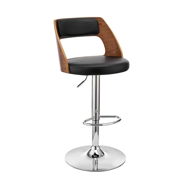 Armen Living Paulo 44 in. Adjustable Swivel Black Faux Leather and Walnut Wood Bar Stool with Chrome Base