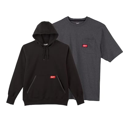 Men's X-Large Black Heavy-Duty Cotton/Polyester Long-Sleeve Pullover Hoodie and Short-Sleeve Gray Pocket T-Shirt