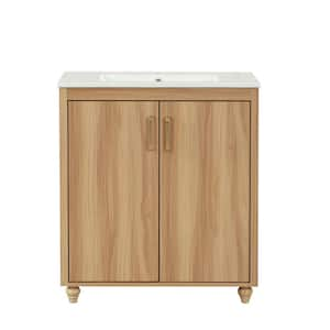 30 in. W x 18.3 in. D x 34.4 in. H Freestanding Bath Vanity in Natural with White Ceramic Sink Top, Doors and Drawers