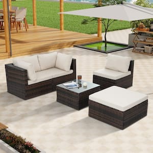 5-Piece Wicker Patio Conversation Set with Tempered Glass Coffee Table, Seasonal PE Wicker Furniture, Beige Cushions