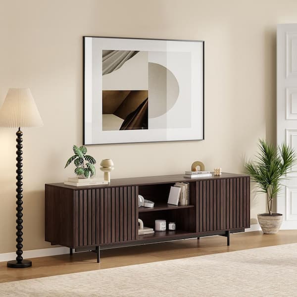Dark Walnut 63 in. Retro Fluted Wood TV Stand for Up to 75 in. TVs with Pop Up Doors
