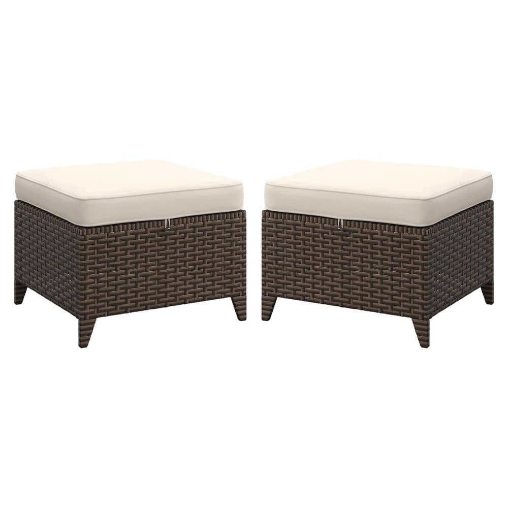 Wicker Outdoor Patio Ottoman with Beige Cushions (Set of 2)