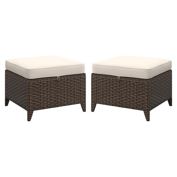 LATTOY Wicker Outdoor Patio Ottoman with Beige Cushions (Set of 2)
