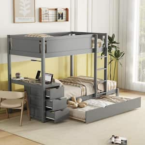 Gray Twin-Over-Twin Bunk Bed with Twin Size Trundle, Storage and Desk