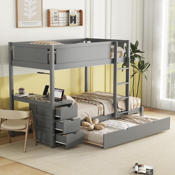Polibi Gray Twin-Over-Twin Bunk Bed with Twin Size Trundle, Storage and Desk