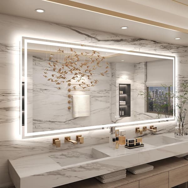 88 in. W x 38 in. H Rectangular Frameless Front and Back Lighted Anti-Fog Wall Bathroom Vanity Mirror, Tempered Glass