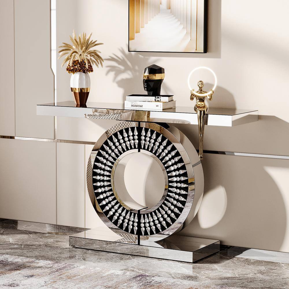 Luxurious Silver Mirrored Console Table with Crystal Inlays