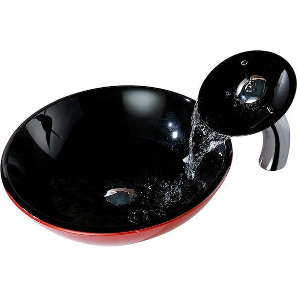 ANZZI Chord Series Round Deco-Glass Vessel Sink in Lustrous Black and Red with Matching Chrome Waterfall Faucet