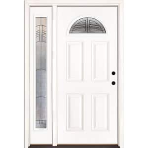 50.5 in. x 81.625 in. Rochester Patina Fan Lite Unfinished Smooth Left-Hand Fiberglass Prehung Front Door with Sidelite