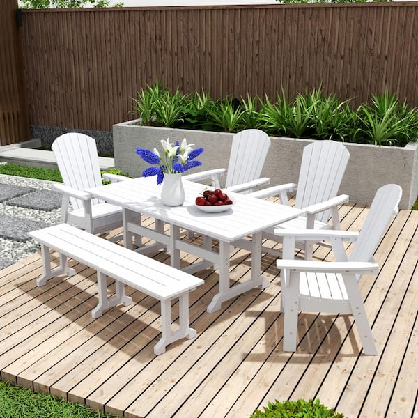 WESTIN OUTDOOR Altura Outdoor Patio Weather Resistant 6-Piece HDPE Plastic White Rectangle Adirondack Dining Set With Bench