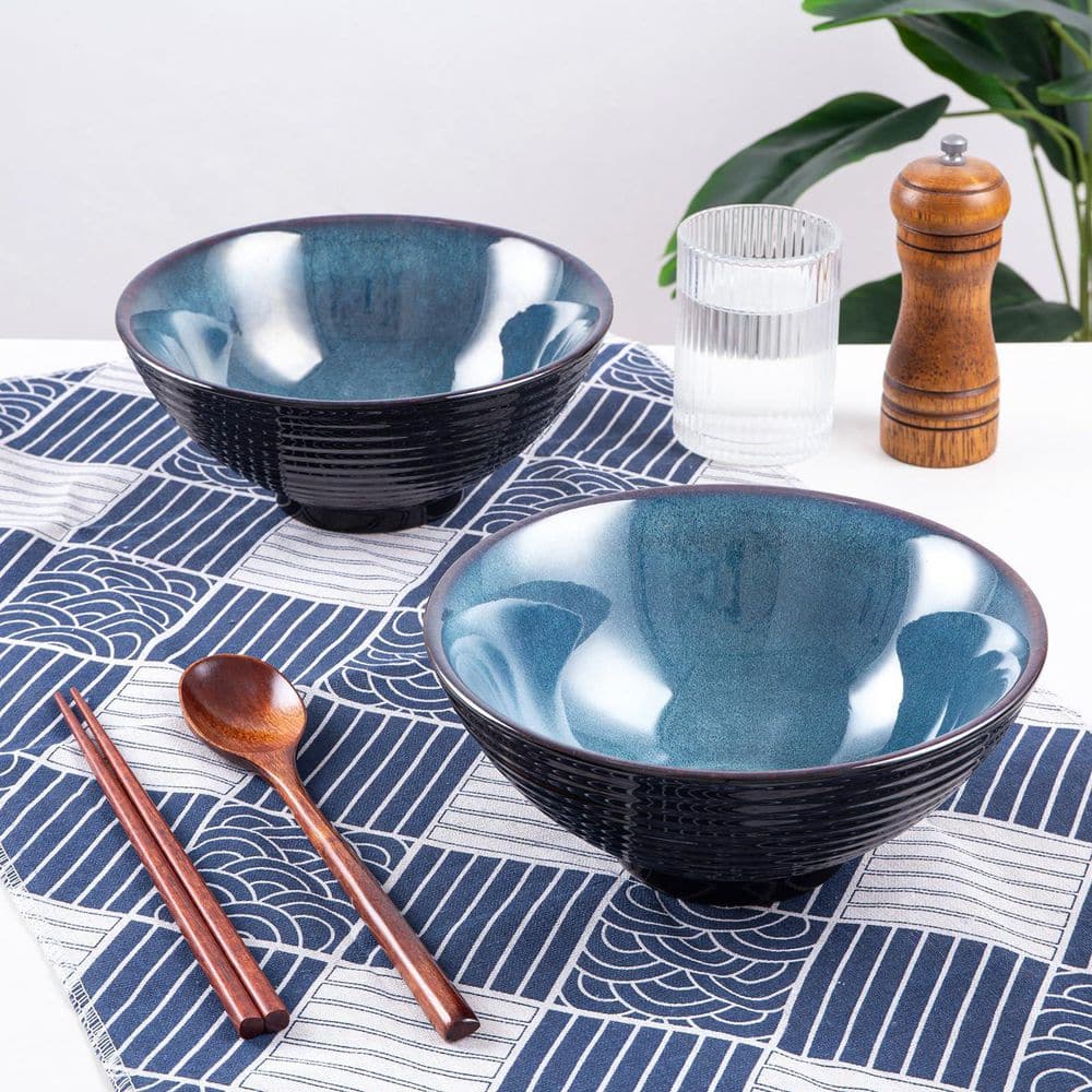   Blue Line 食器セット Wudkey Japanese Ramen Bowl Set, 8 in. Diameter, 40 fl. oz