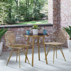 Panama Brushed Brass and Black 3-Piece Metal Outdoor Bistro Set with Marble Tile Top