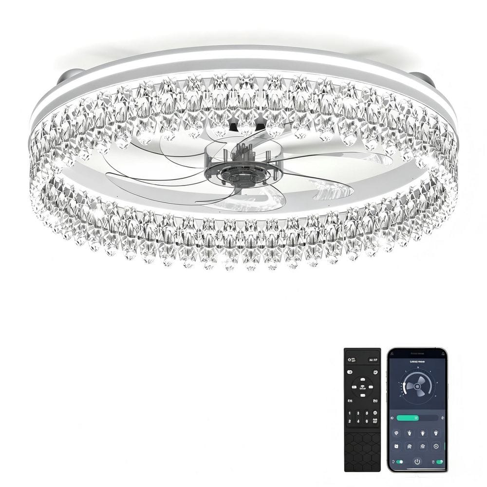 20 in. Indoor White LED Ceiling Fan with Light and Remote Fandelier Low Profile Flush Mount Feather Style Fan Light