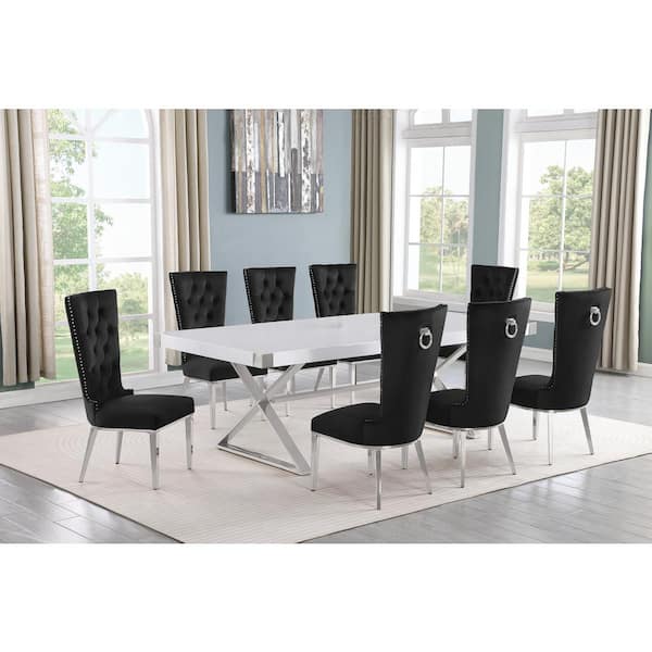 Best Quality Furniture Miguel 9-Piece Rectangle White Wood Top Silver Stainless Steel Dining Set with 8 Black Velvet Chairs