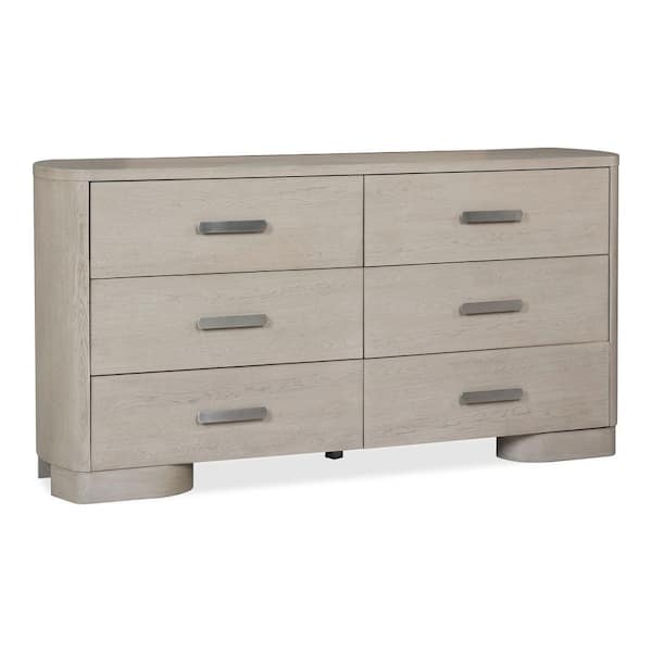 Susan White Oak 6-Drawer 70 in. Dresser with Oval Nickel Handles and Rounded Feet