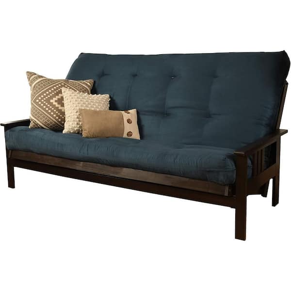 85 in. Espresso/Suede Navy Polyester Upholstered Queen Size Futon Set with Mattress