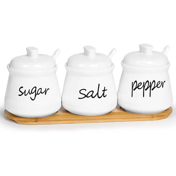 3-Piece White Ceramic Condiment Pot Set with Tray and Spoons, Smooth Finish, Easy Clean, Elegant for Kitchen