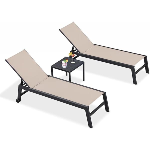 PURPLE LEAF 3-Pieces Aluminum Drak Grey Frame Outdoor Chaise Lounge Patio Lounge Chair with Side Table and Wheels, Indigo