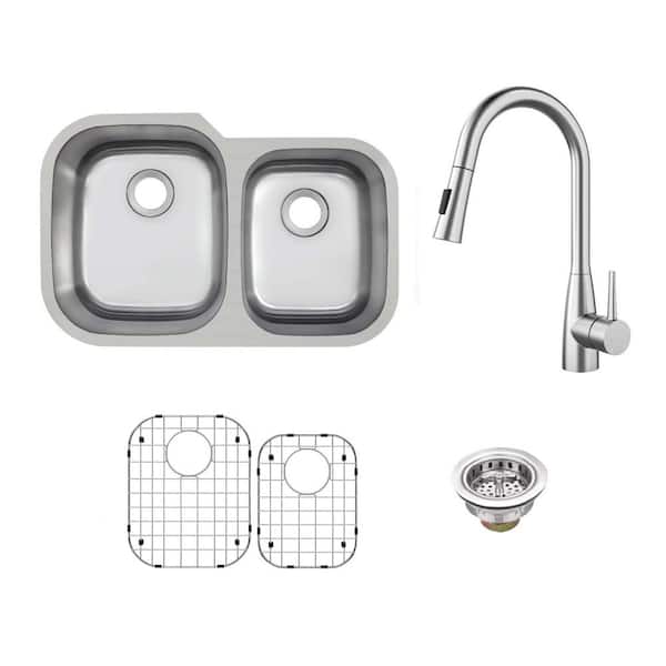 31.5 in. Undermount 60/40 Double Bowl 16-Gauge Stainless Steel Kitchen Sink with Pull Down Sprayer Kitchen Faucet