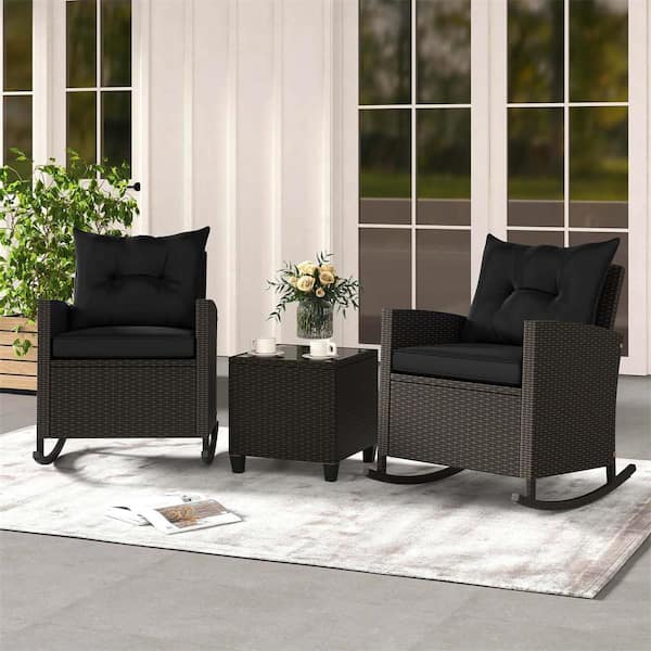 3-Piece Metal Rattan Patio Conversation Set with Black Cushions