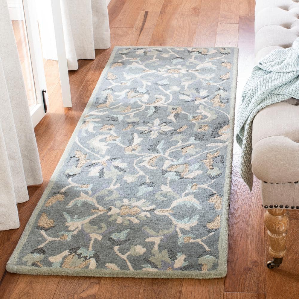 Handmade Gray Floral Wool Runner Rug, 2'3" x 6'