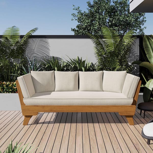 Damian Teak Solid Wood Patio Outdoor Day Bed Sofa with Beige Cushions, Foldable Arm, Pillows
